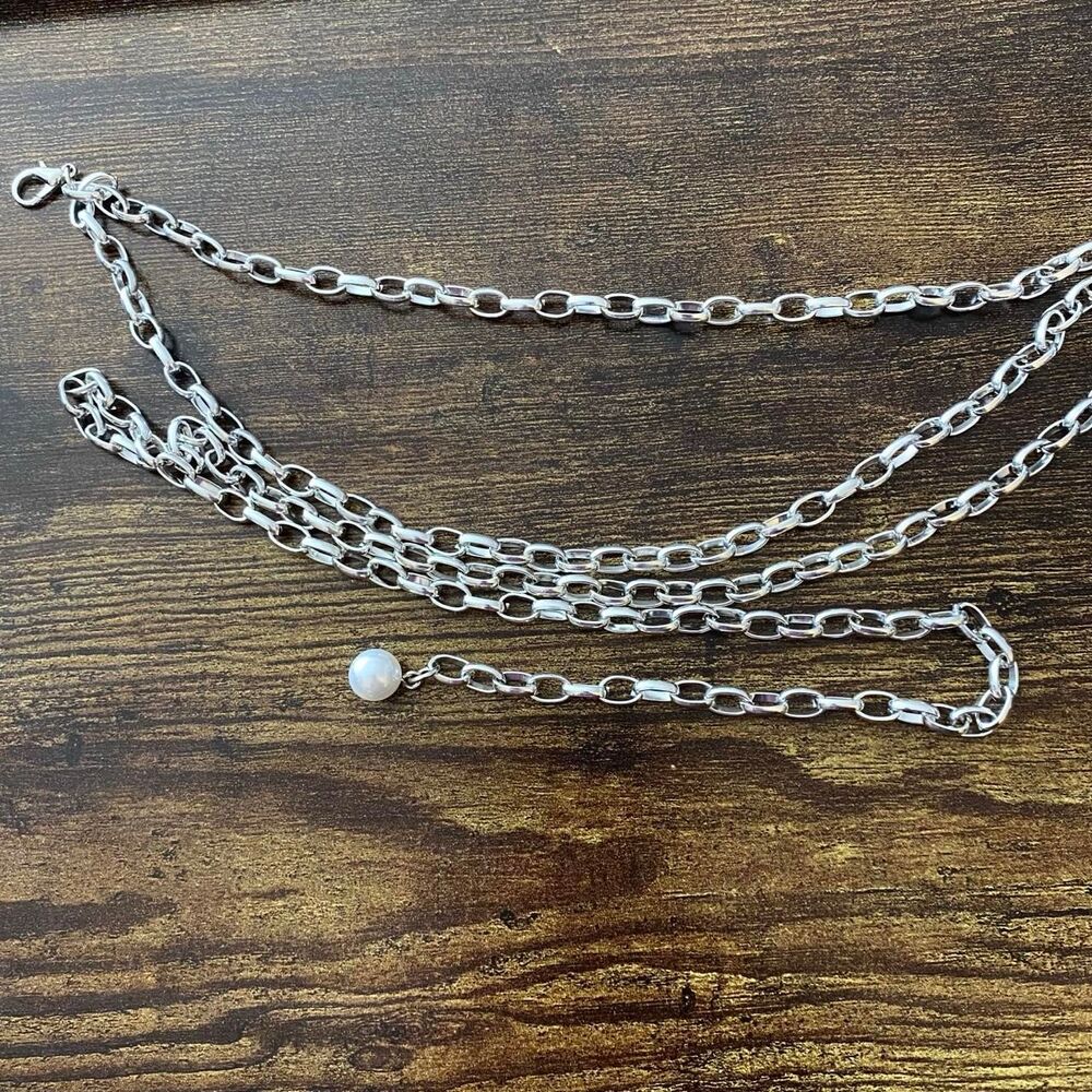 Silver Y2K Pearl Layered Draped Link Chain Belt, Fits 13.5-40.5 Inches, X7GA1283 - Picture 7 of 7